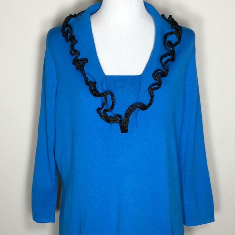 Ruffle Neckline 3/4 Sleeve Rayon Sweater